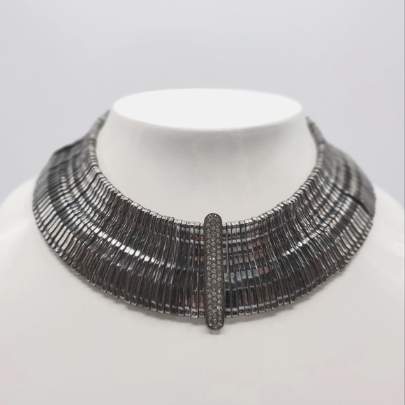 Gunmetal‎ Metal Bar Choker Statement Necklace with Crystal Center - Picture 1 of 6